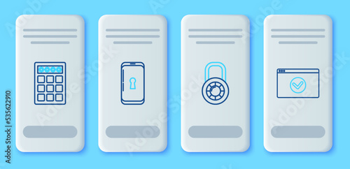 Set line Smartphone with lock, Safe combination wheel, Password protection and safety access and Secure your site HTTPS, SSL icon. Vector