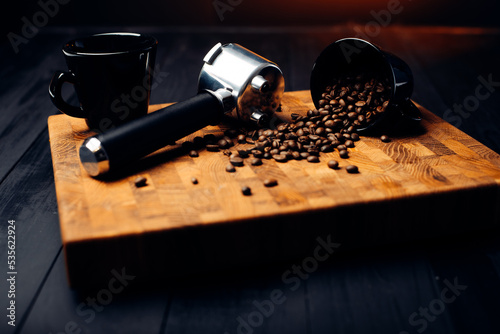 Coffee beans cup and portafilter aromatic coffee