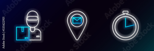 Set line Stopwatch, Delivery man with cardboard boxes and Placeholder on map paper icon. Glowing neon. Vector