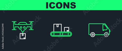 Set line Delivery cargo truck vehicle, drone with the package and Conveyor belt cardboard box icon. Vector