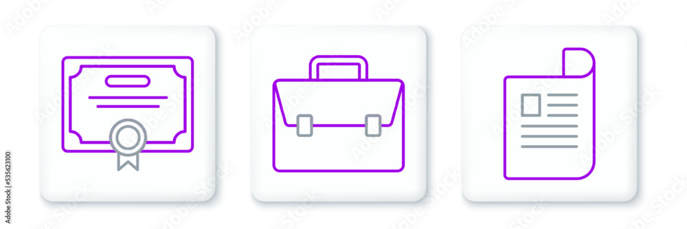 Set line Document, Certificate template and Briefcase icon. Vector Set line Document, Certificate template and Briefcase icon. Vector