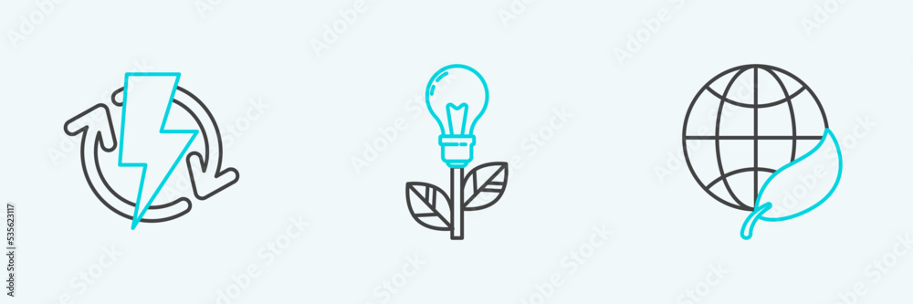 Set line Earth globe and leaf, Recharging and Light bulb with icon. Vector Set line Earth globe and leaf, Recharging and Light bulb with icon. Vector