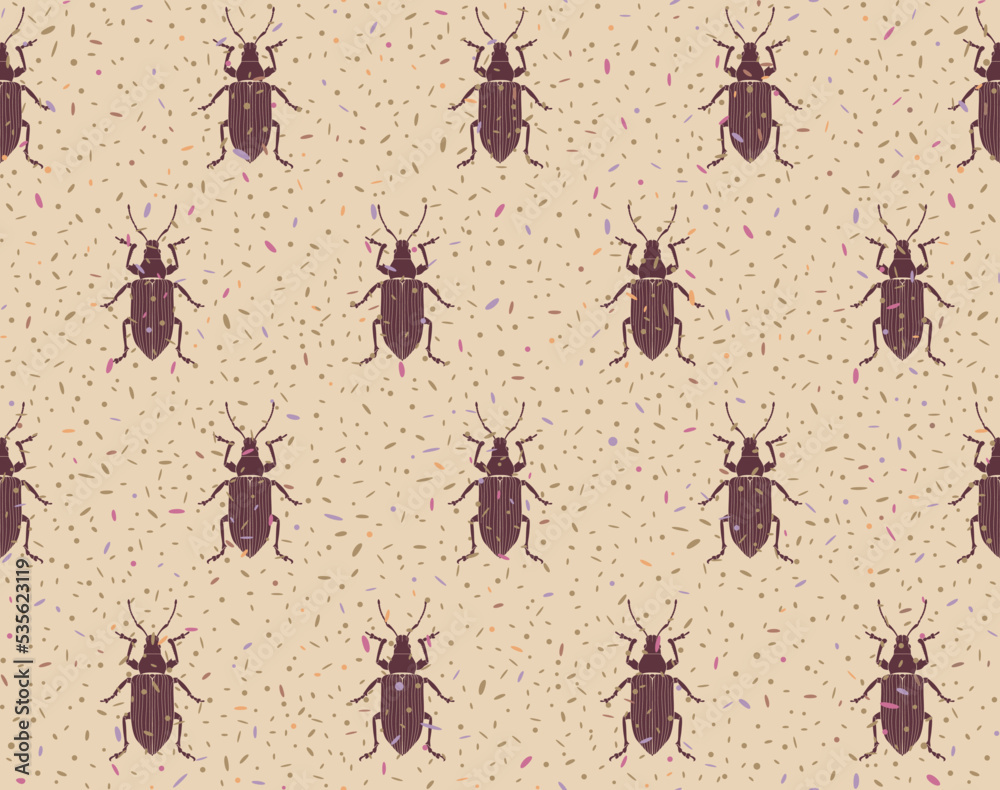 Brown bugs and multi colored blotches on beige background. Vector seamless pattern with silhouettes of insects. For printing, fabric, wallpaper, wrapping paper.