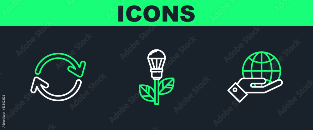 Set line Human hands holding Earth globe, Refresh and Light bulb with leaf icon. Vector Set line Human hands holding Earth globe, Refresh and Light bulb with leaf icon. Vector