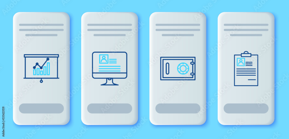 Set line Computer monitor with resume, Safe, Board graph chart and Clipboard icon. Vector Set line Computer monitor with resume, Safe, Board graph chart and Clipboard icon. Vector