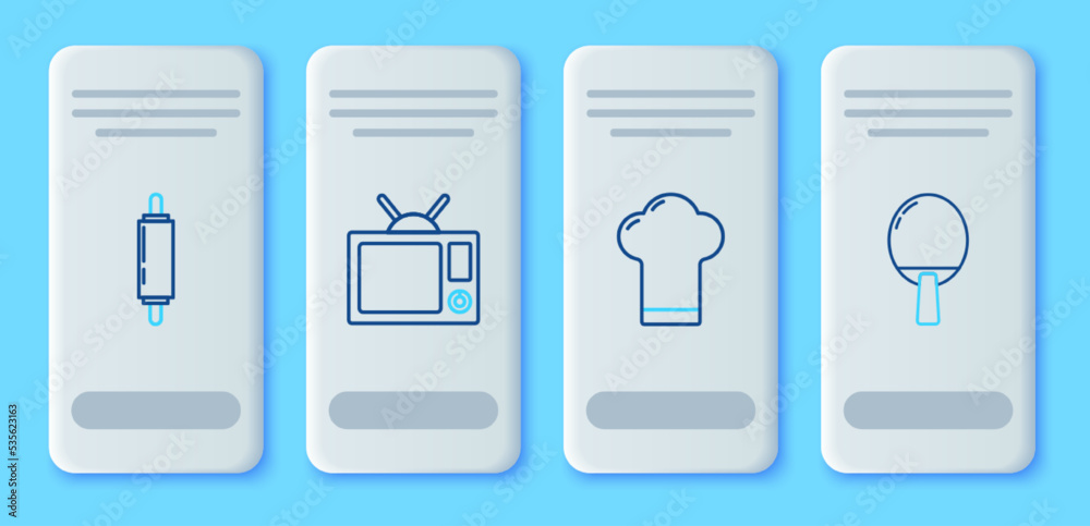 Set line Television, Chef hat, Rolling pin and Racket for playing table tennis icon. Vector Set line Television, Chef hat, Rolling pin and Racket for playing table tennis icon. Vector