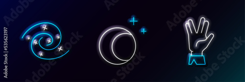 Set line Vulcan salute, Black hole and Moon and stars icon. Glowing neon. Vector