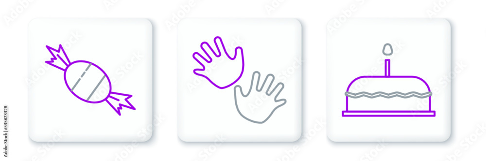 Set line Cake with burning candles, Candy and Baby hands print icon. Vector Set line Cake with burning candles, Candy and Baby hands print icon. Vector