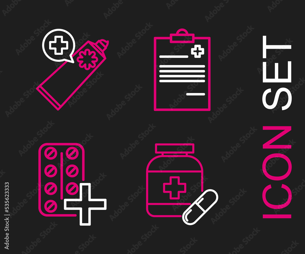 Set line Medicine bottle and pills, Pills blister pack, Medical clipboard with clinical record and Ointment cream tube medicine icon. Vector