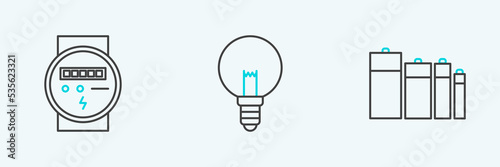 Set line Battery, Electric meter and Light bulb icon. Vector