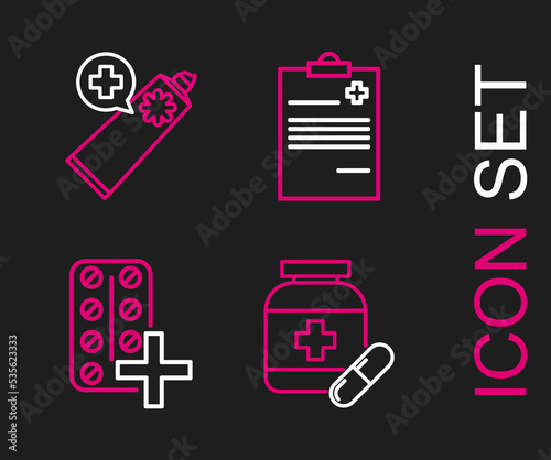 Set line Medicine bottle and pills, Pills blister pack, Medical clipboard with clinical record and Ointment cream tube medicine icon. Vector