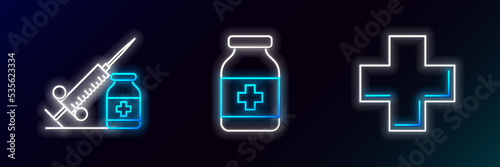 Set line Cross hospital medical, Medical syringe with needle and vial or ampoule and Medicine bottle icon. Glowing neon. Vector
