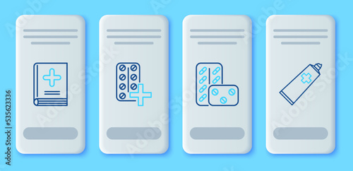 Set line Pills in blister pack, Medical book and Ointment cream tube medicine icon. Vector
