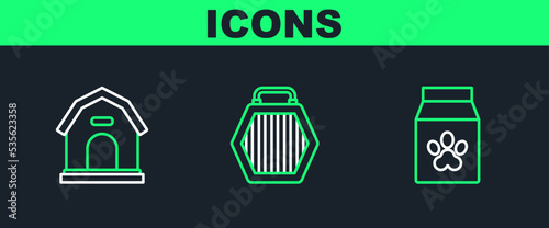 Set line Bag of food for pet, Dog house and Pet carry case icon. Vector