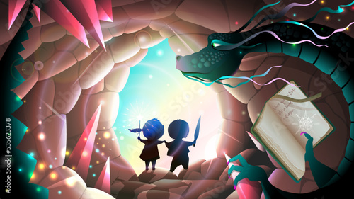 Magical cave with fairytale dragon reading a book and kids with sword and magic wand. Mystery cavern creature children, storytelling fantasy world, fantasy adventure. Vector illustration.