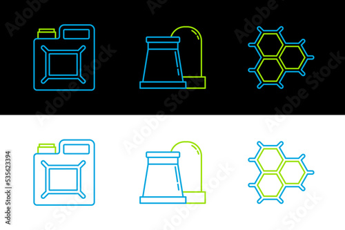 Set line Chemical formula consisting of benzene rings, Canister gasoline and Oil and industrial factory building icon. Vector