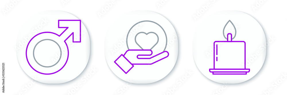 Set line Burning candle, Male gender symbol and Heart on hand icon. Vector Set line Burning candle, Male gender symbol and Heart on hand icon. Vector