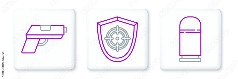 Set line Cartridges, Pistol or gun and Target sport icon. Vector Set line Cartridges, Pistol or gun and Target sport icon. Vector