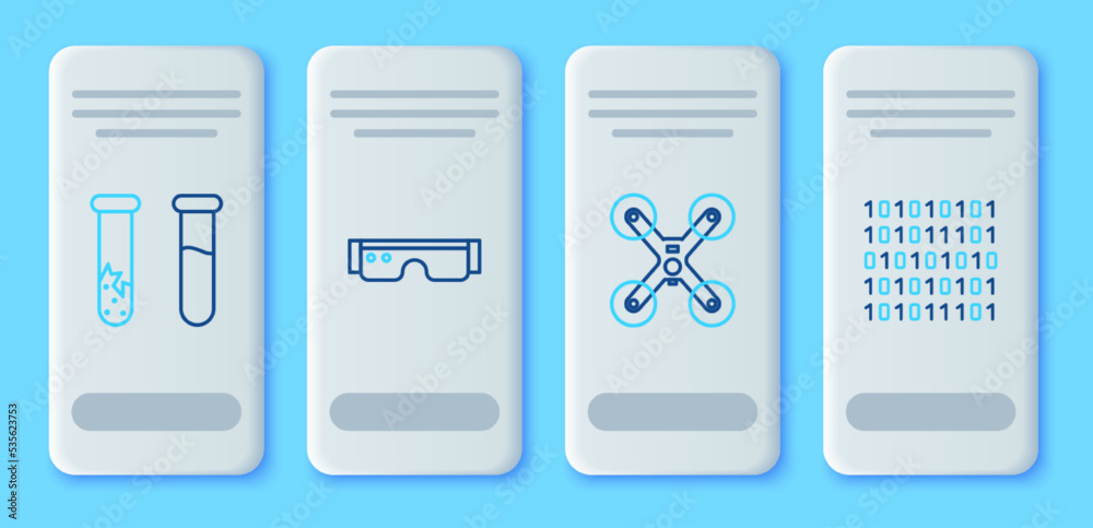 Set line Smart glasses, Drone flying, Test tube and flask and Binary code icon. Vector