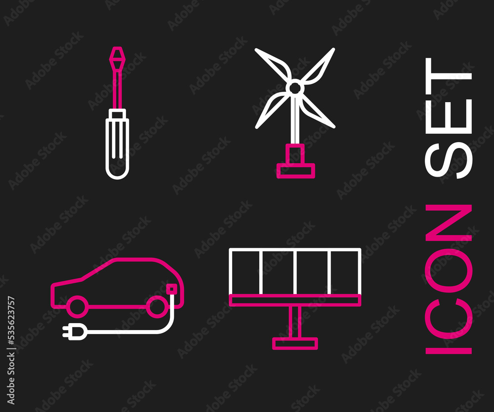Set line Solar energy panel, Electric car, Wind turbine and Screwdriver icon. Vector