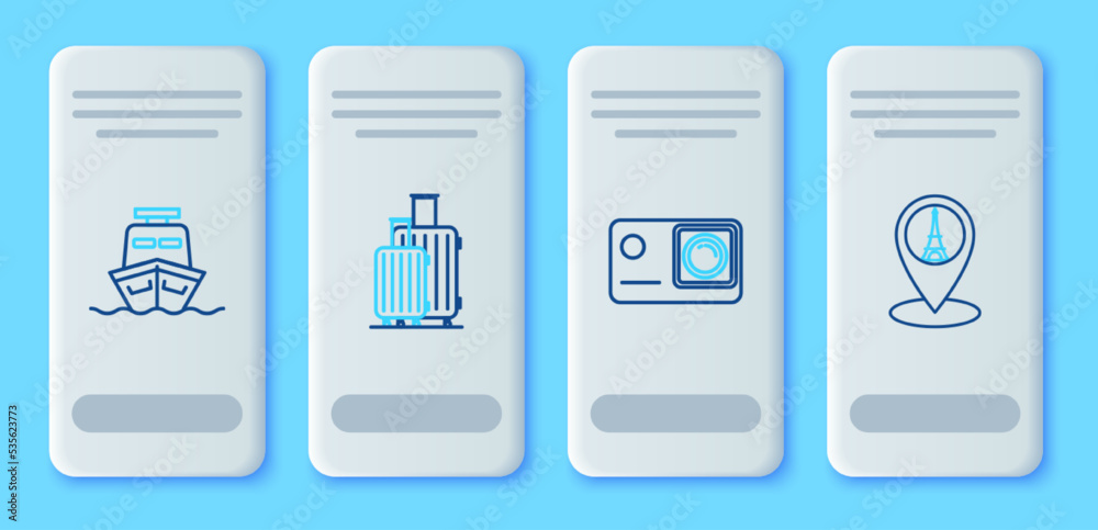 Set line Suitcase for travel, Action extreme camera, Ship and Map pointer with Eiffel tower icon. Vector Set line Suitcase for travel, Action extreme camera, Ship and Map pointer with Eiffel tower icon. Vector