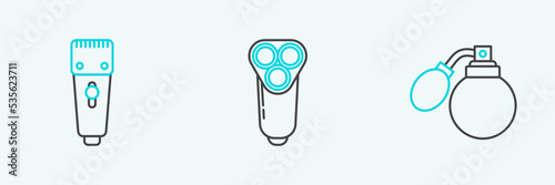 Set line Aftershave bottle with atomizer, Electrical hair clipper or shaver and razor blade for men icon. Vector