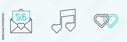 Set line Two Linked Hearts, Envelope with Valentine heart and Music note, tone hearts icon. Vector