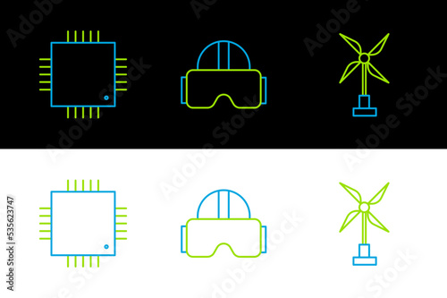 Set line Wind turbine, Processor with microcircuits CPU and Virtual reality glasses icon. Vector