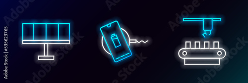 Set line Factory conveyor system belt, Solar energy panel and Wireless charger icon. Glowing neon. Vector