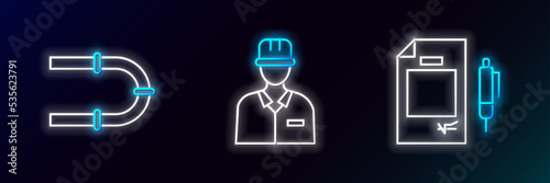 Set line Contract money and pen, Industry pipe and Oilman icon. Glowing neon. Vector