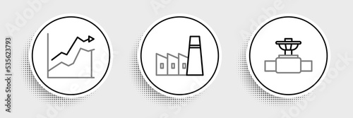 Set line Industry pipe and valve, Oil price increase and industrial factory building icon. Vector