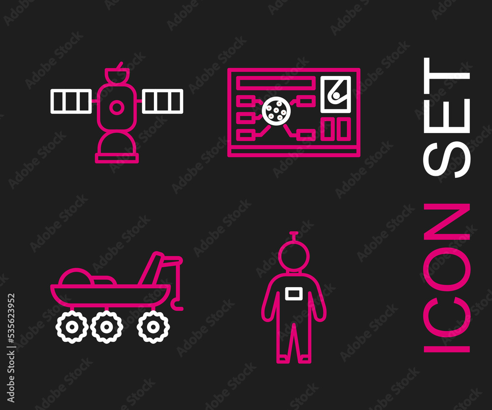 Set line Astronaut, Mars rover, Futuristic hud interface and Satellite icon. Vector