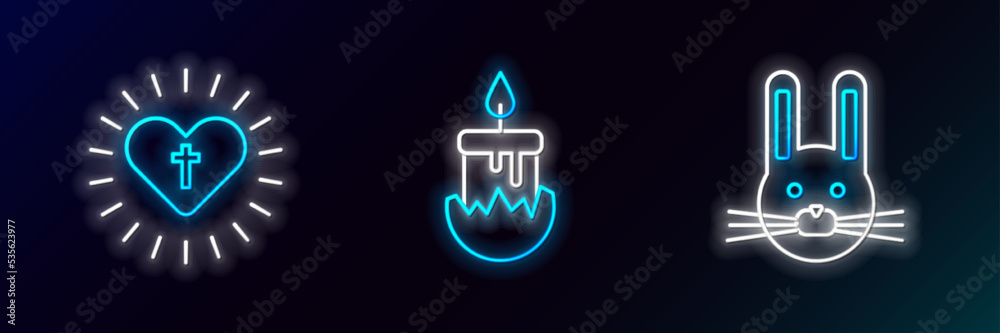Obraz premium Set line Easter rabbit, Christian cross and heart and Burning candle icon. Glowing neon. Vector