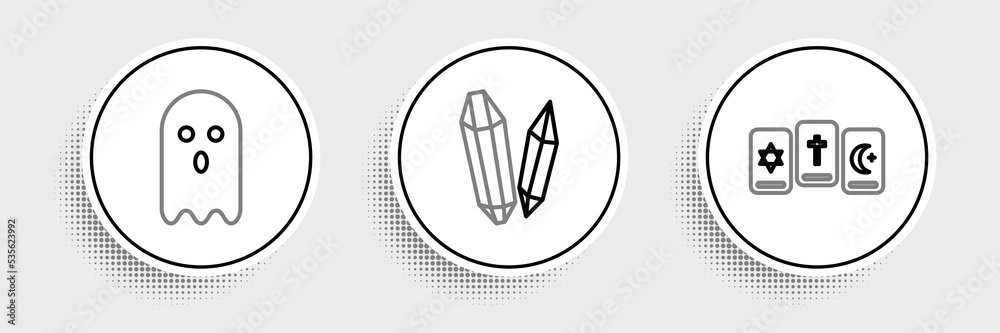 Set line Three tarot cards, Ghost and Magic stone icon. Vector Set line Three tarot cards, Ghost and Magic stone icon. Vector