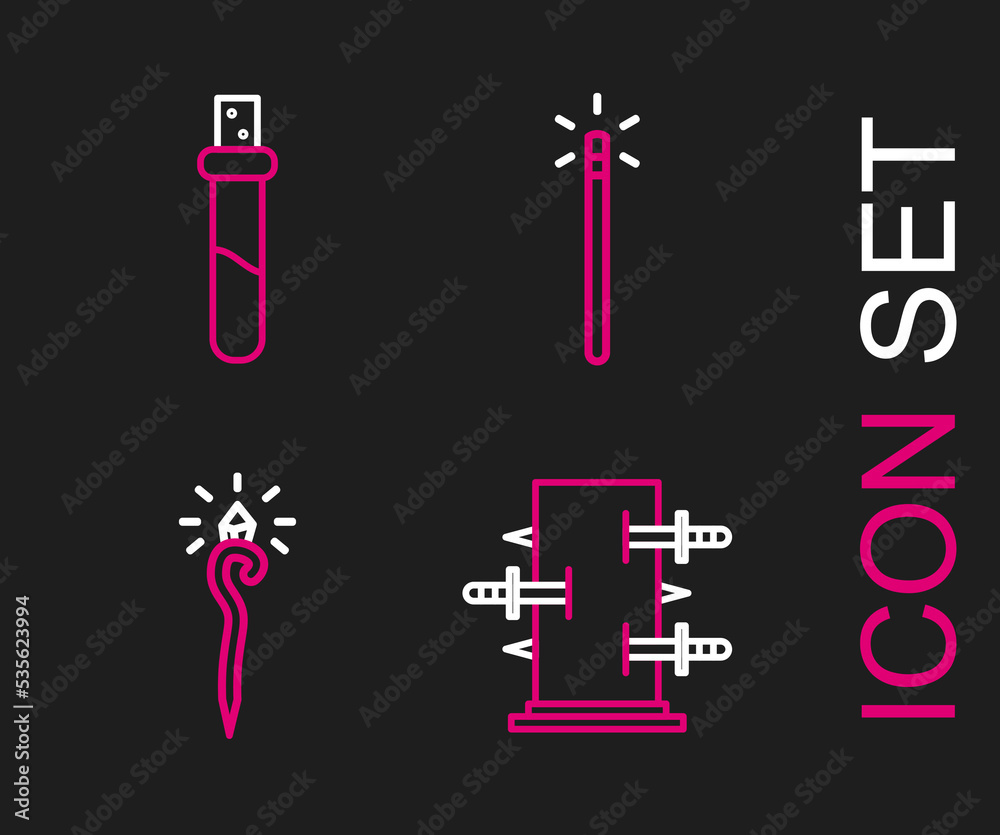 Set line Trunk for magic tricks, Magic staff, wand and Bottle with love potion icon. Vector Set line Trunk for magic tricks, Magic staff, wand and Bottle with love potion icon. Vector