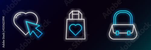 Set line Handbag, Heart cursor click and Shopping with heart icon. Glowing neon. Vector