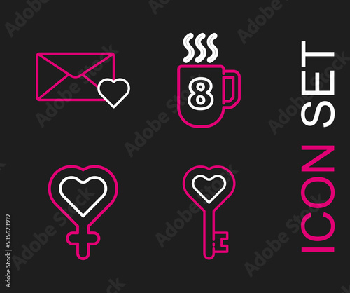 Set line Key in heart shape, Female gender symbol, Coffee cup with 8 March and Envelope icon. Vector