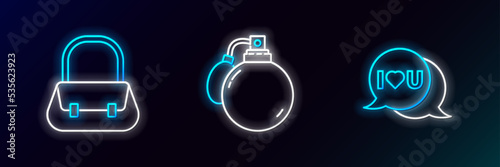 Set line Speech bubble with I love you, Handbag and Perfume icon. Glowing neon. Vector