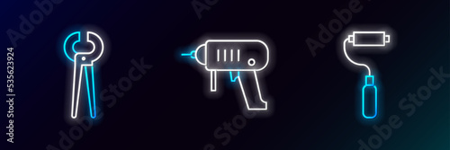 Set line Paint roller brush, Pincers and pliers and Electric drill machine icon. Glowing neon. Vector