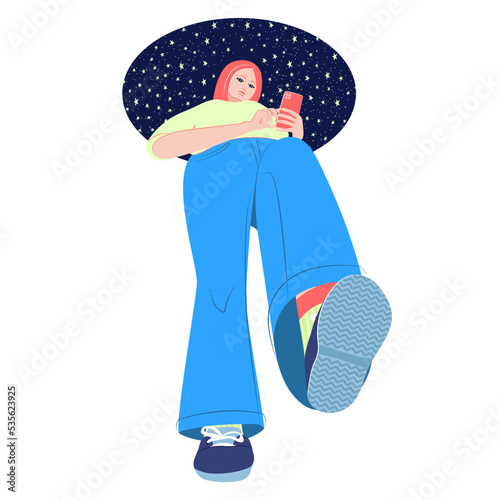 Girl walking, looking at phone, bottom view, flat illustration isolated on white background