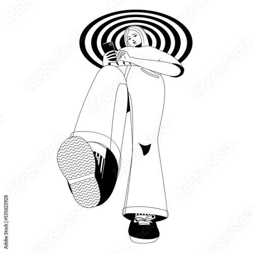 Girl walking, looking at phone, bottom view, black and white flat illustration isolated on white background