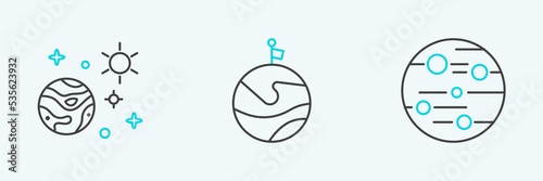 Set line Planet Mars, Space and planet and Moon with flag icon. Vector