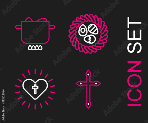 Set line Christian cross, and heart, Easter egg in wicker nest and Egg hot pot icon. Vector