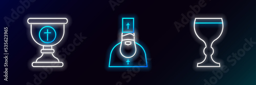 Set line Wine glass, Christian chalice and Priest icon. Glowing neon. Vector