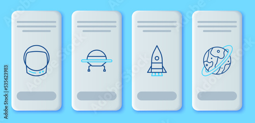 Set line UFO flying spaceship, Rocket, Astronaut helmet and Space capsule and parachute icon. Vector