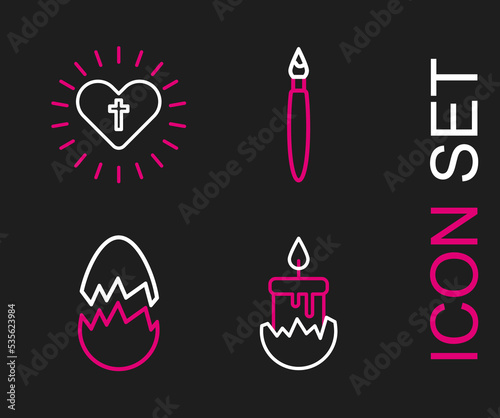 Set line Burning candle  Broken egg  Paint brush and Christian cross heart icon. Vector