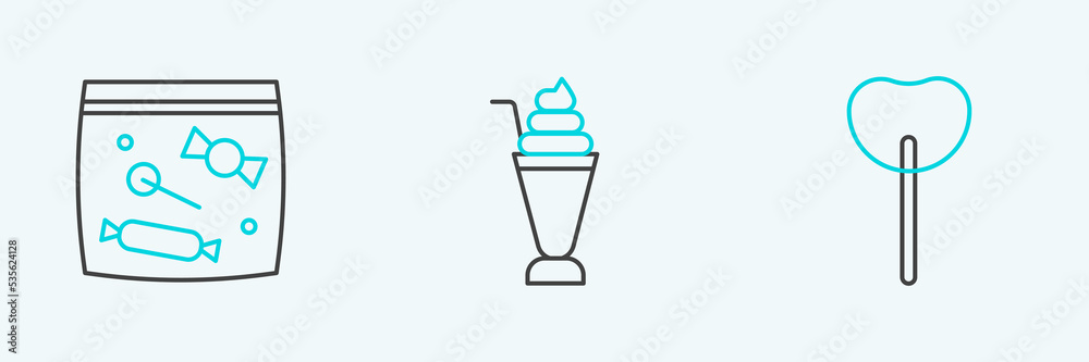 Set line Lollipop, Candy packaging for sweets and Milkshake icon. Vector Set line Lollipop, Candy packaging for sweets and Milkshake icon. Vector