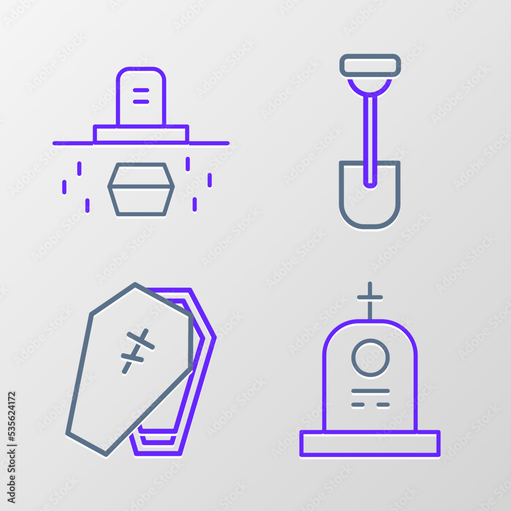 Set line Grave with tombstone, Coffin cross, Shovel and coffin icon. Vector Set line Grave with tombstone, Coffin cross, Shovel and coffin icon. Vector
