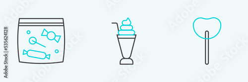 Set line Lollipop, Candy packaging for sweets and Milkshake icon. Vector