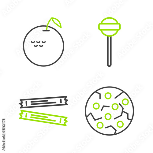 Set line Cookie or biscuit, Sugar stick packets, Lollipop and Apple icon. Vector